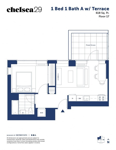 Floor plan for 1 bed, 1 bath, 618 sqft